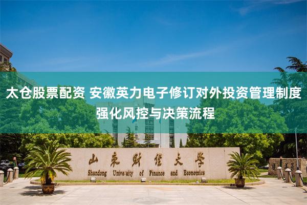 太仓股票配资 安徽英力电子修订对外投资管理制度 强化风控与决策流程
